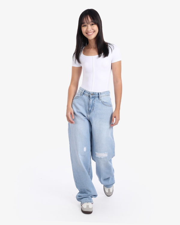Wide Leg Ice Blue Cutting Casual Jeans