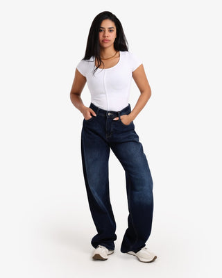Wide Leg Dark Blue Casual Jeans