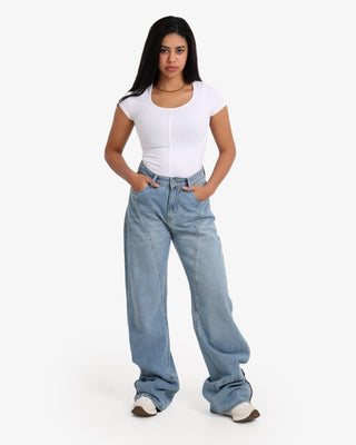 Wide Leg Light Blue Casual Jeans With Side Zipper (For Long Girls)