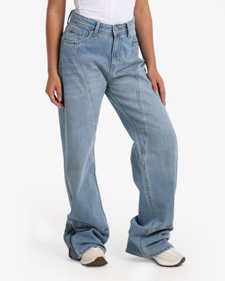 Wide Leg Light Blue Casual Jeans With Side Zipper (For Long Girls)