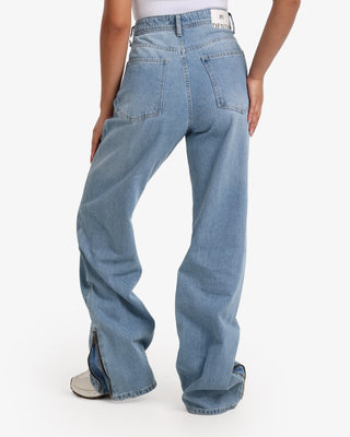 Wide Leg Light Blue Casual Jeans With Side Zipper (For Long Girls)