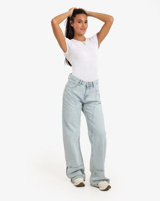Wide Leg Ice Blue Casual Jeans With Side Zipper (For Long Girls)