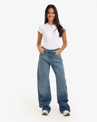 Wide Leg Blue Casual Jeans With Side Zipper (For Long Girls)