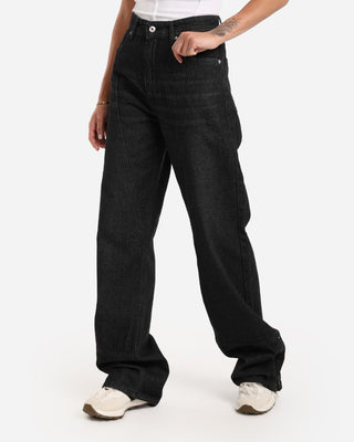 Wide Leg Black Casual Jeans With Side Zipper (For Long Girls)