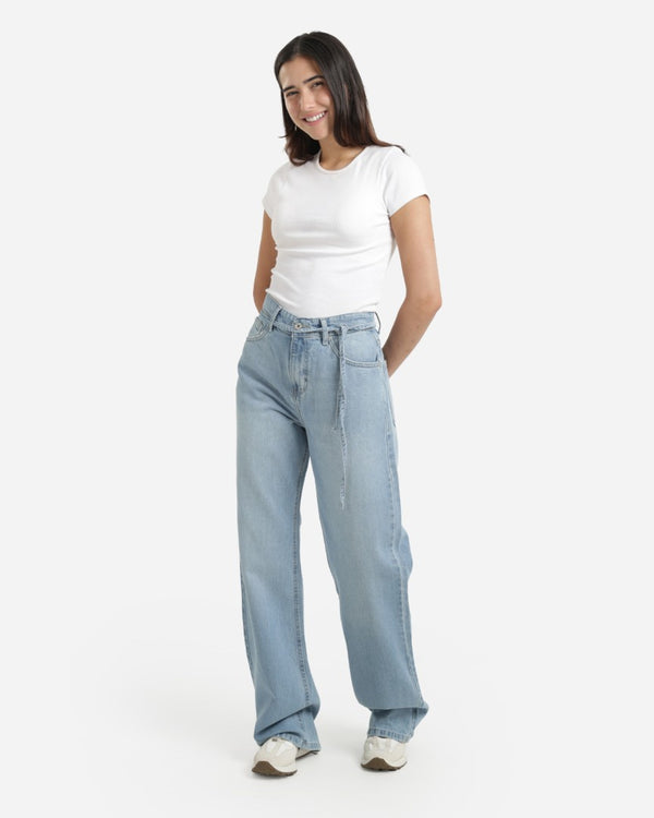 Wide Leg With Belt Light Blue Casual Jeans
