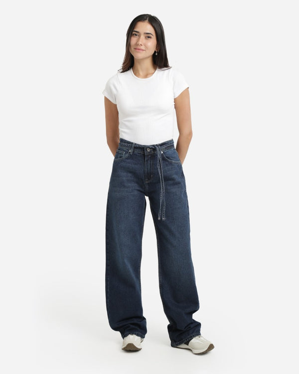 Wide Leg With Belt Dark Blue Casual Jeans