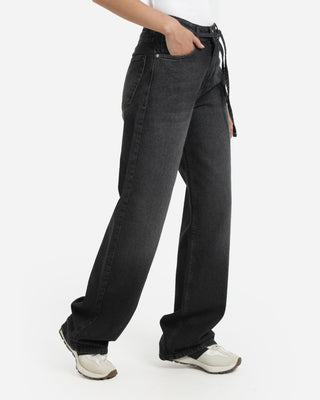 Wide Leg With Belt Dark Grey Casual Jeans