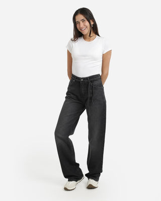 Wide Leg With Belt Dark Grey Casual Jeans