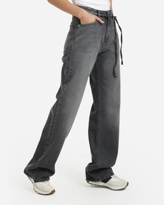 Wide Leg With Belt Grey Casual Jeans