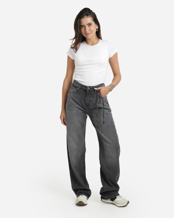 Wide Leg With Belt Grey Casual Jeans