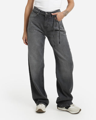 Wide Leg With Belt Grey Casual Jeans