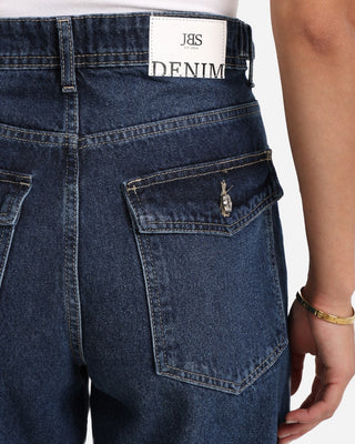 Wide Leg Dark Blue Flap Pocket Casual Jeans