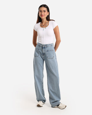 Wide Leg Ice Blue Front Pocket Casual Jeans