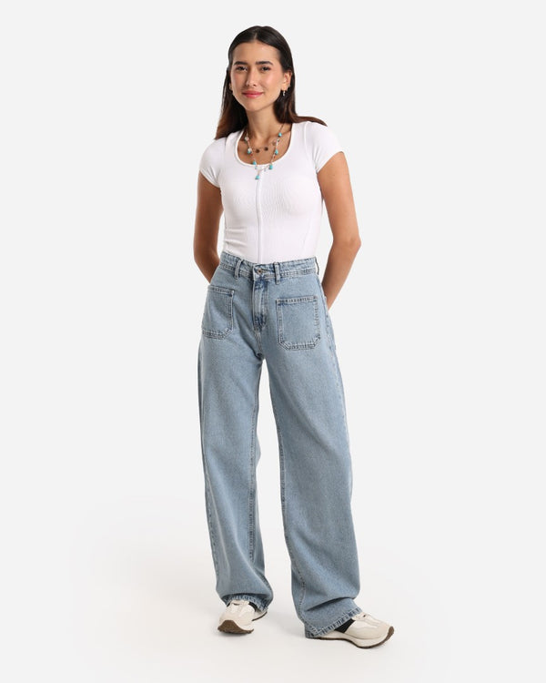 Wide Leg Ice Blue Front Pocket Casual Jeans