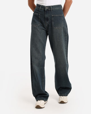 Wide Leg Dirty Blue Front Pocket Casual Jeans