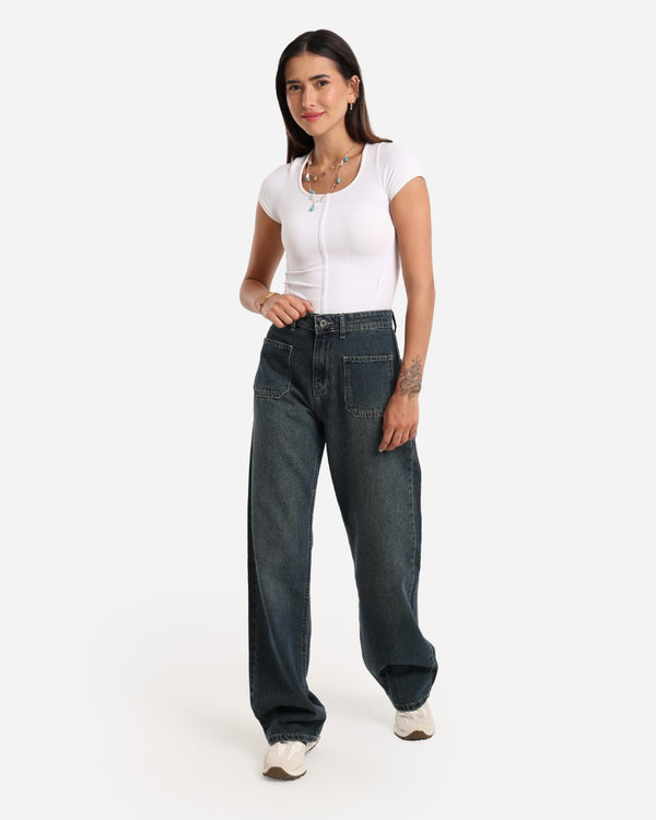Wide Leg Dirty Blue Front Pocket Casual Jeans