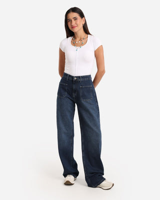 Wide Leg Blue Front Pocket Casual Jeans