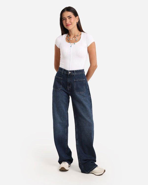 Wide Leg Blue Front Pocket Casual Jeans