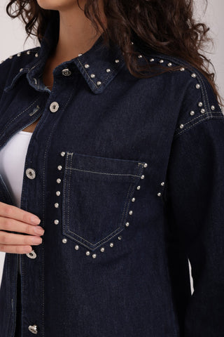 Dark Blue Studded Denim Shirt Casual Jeans