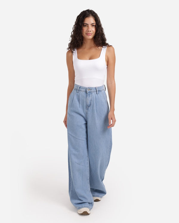 Pleated Wide Leg Blue Casual Jeans