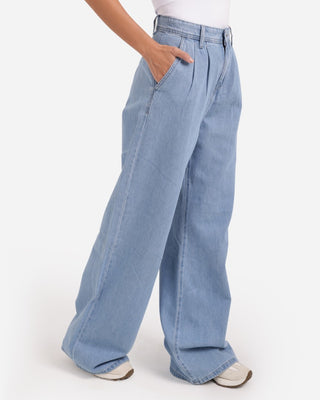 Pleated Wide Leg Blue Casual Jeans