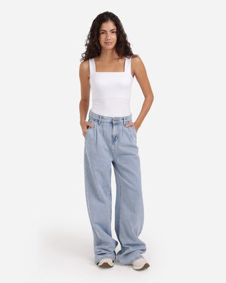 Pleated Wide Leg Light Blue Casual Jeans