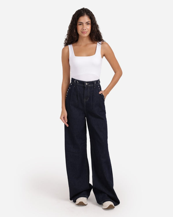 Studded Pleated Wide Leg Dark Blue Casual Jeans