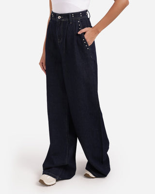 Studded Pleated Wide Leg Dark Blue Casual Jeans