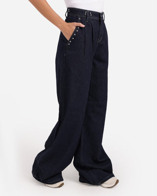 Studded Pleated Wide Leg Dark Blue Casual Jeans