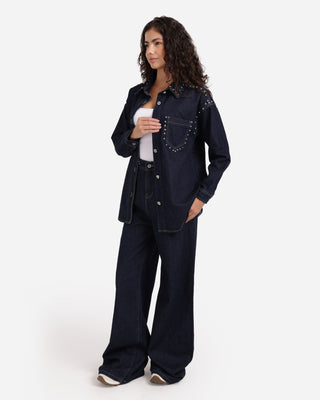 Dark Blue Studded Denim Shirt Casual Jeans