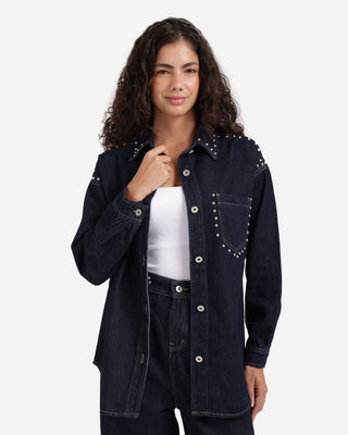 Dark Blue Studded Denim Shirt Casual Jeans