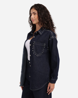 Dark Blue Studded Denim Shirt Casual Jeans