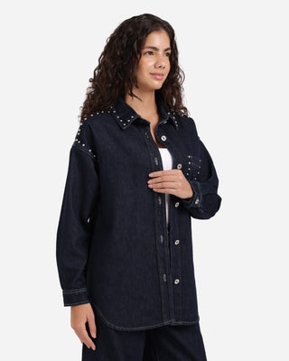 Dark Blue Studded Denim Shirt Casual Jeans