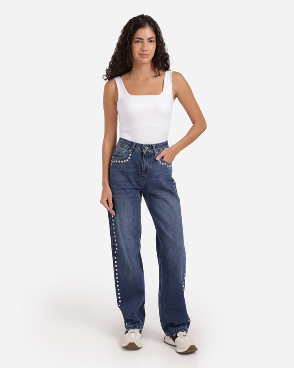 Studded Pleated Straight Fit Medium Blue Casual Jeans