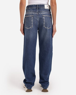 Studded Pleated Straight Fit Medium Blue Casual Jeans