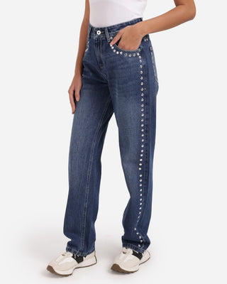 Studded Pleated Straight Fit Medium Blue Casual Jeans