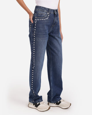 Studded Pleated Straight Fit Medium Blue Casual Jeans