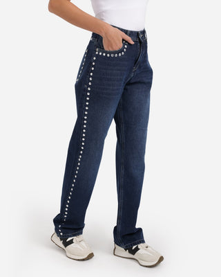 Studded Pleated Straight Fit Dark Blue Casual Jeans