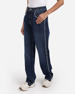 Studded Pleated Straight Fit Dark Blue Casual Jeans