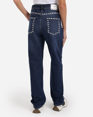 Studded Pleated Straight Fit Dark Blue Casual Jeans