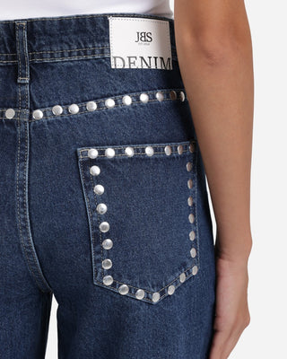 Studded Pleated Straight Fit Dark Blue Casual Jeans