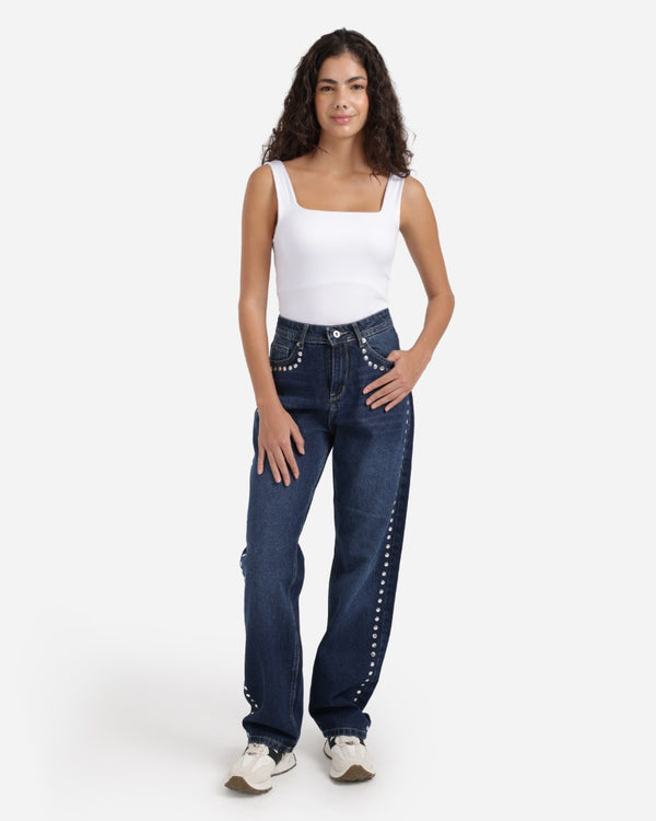 Studded Pleated Straight Fit Dark Blue Casual Jeans