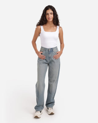 Studded Pleated Straight Fit Dirty Casual Jeans