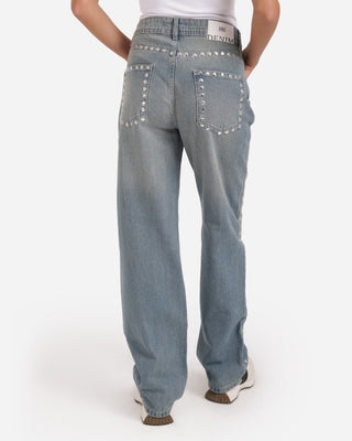 Studded Pleated Straight Fit Dirty Casual Jeans
