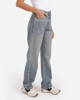 Studded Pleated Straight Fit Dirty Casual Jeans