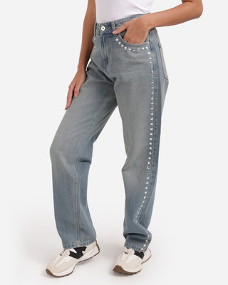 Studded Pleated Straight Fit Dirty Casual Jeans