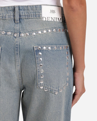 Studded Pleated Straight Fit Dirty Casual Jeans