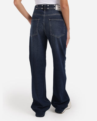 Studded Pleated Wide Leg Dark Blue Casual Jeans