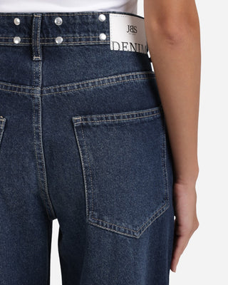 Studded Pleated Wide Leg Dark Blue Casual Jeans