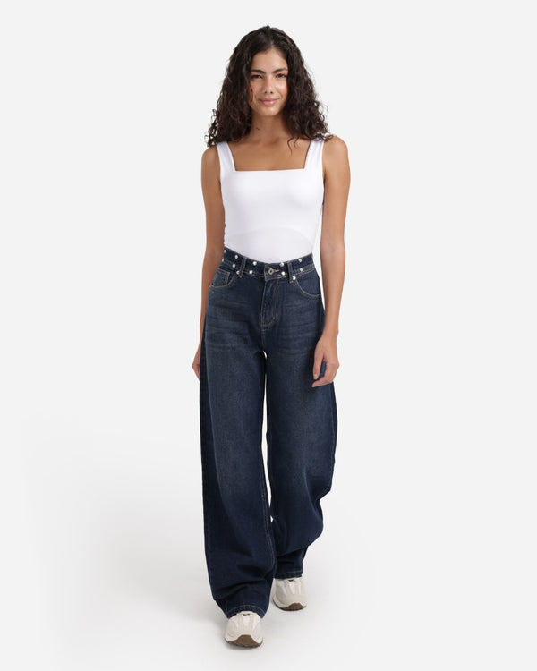 Studded Pleated Wide Leg Dark Blue Casual Jeans